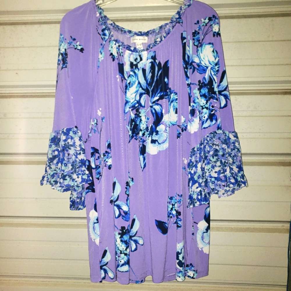 3X Plus Size Susan Graver Purple Floral Top Blouse Spring Easter Shirt